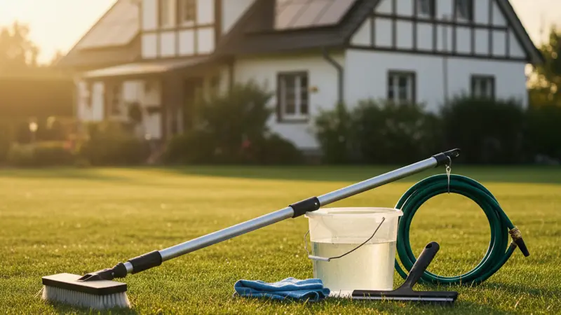 Reinigungswerkzeuge für Solarmodule: Teleskopstange, weiche Bürste, VE-Wasser und Gartenschlauch