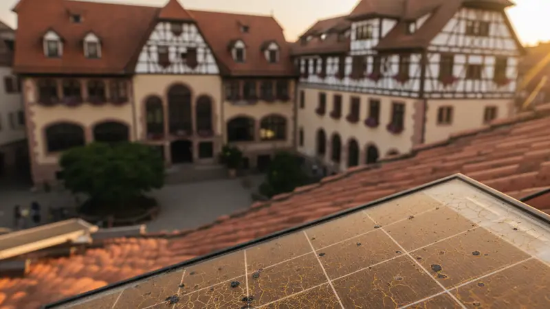 Nahaufnahme eines alten vergilbten Solarmoduls mit sichtbarer Degradation und Mikrorissen