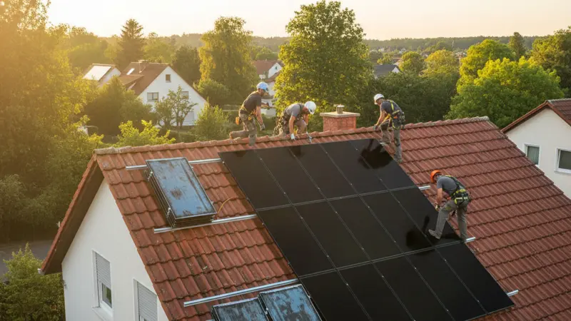 Alte Solarmodule auf einem Hausdach werden durch moderne leistungsstarke PV-Module ersetzt
