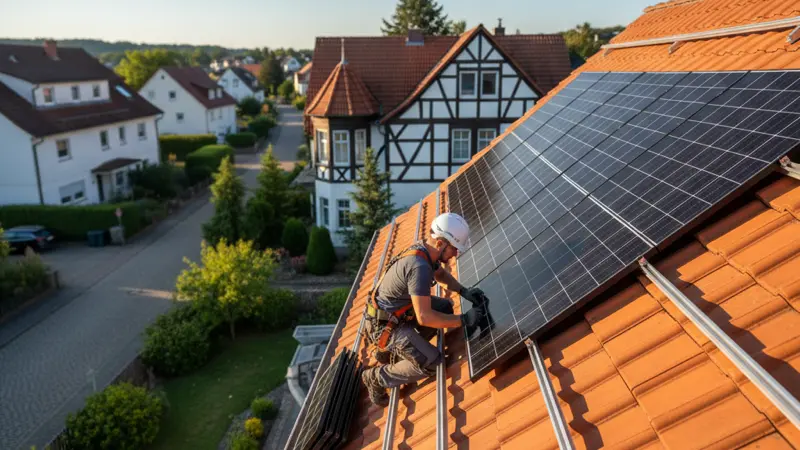 Handwerker montiert neue Hochleistungs-Solarmodule auf einem bestehenden Montagesystem