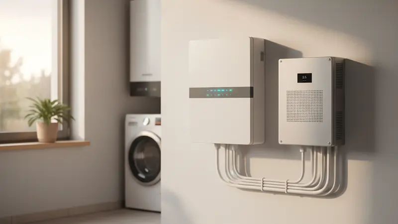 Moderner LFP-Batteriespeicher neben einem neuen Hybrid-Wechselrichter im Hauswirtschaftsraum