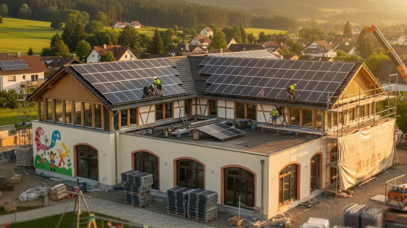 Installation von Solarmodulen auf dem Dach einer Kindertagesstätte