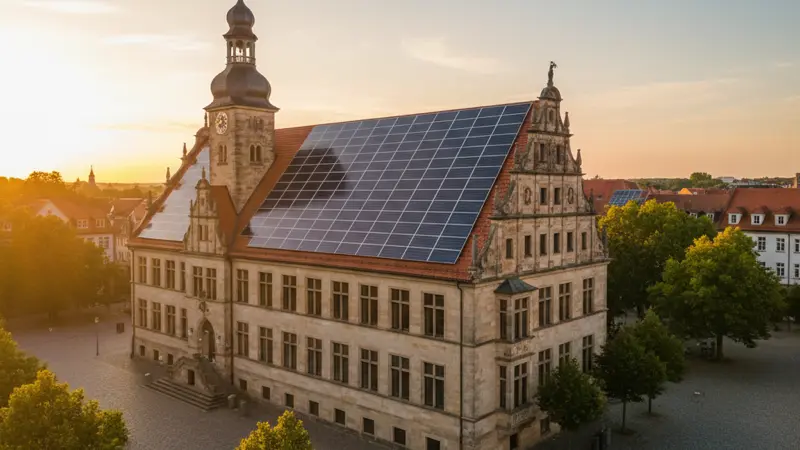 Historisches Rathaus mit modernen Solarmodulen auf dem Dach