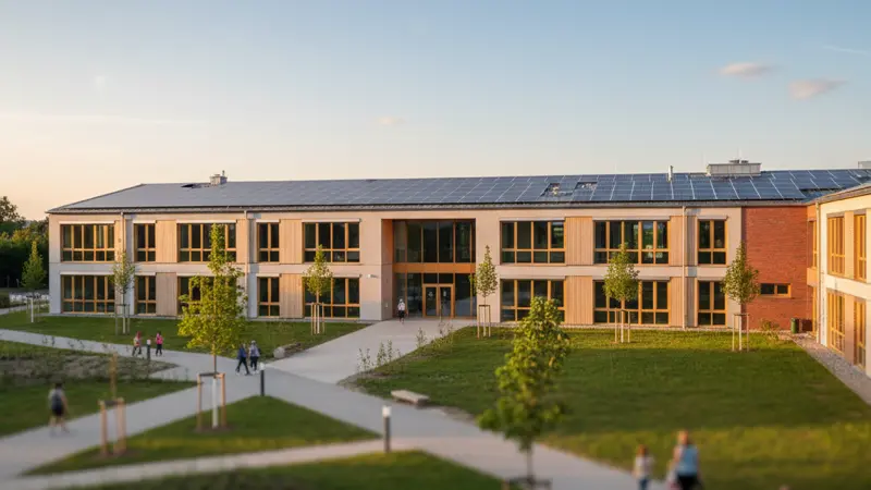 Moderne Schule mit großer Solaranlage auf dem Flachdach