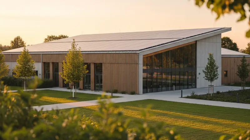 Sporthalle mit großflächiger Solaranlage auf dem Dach