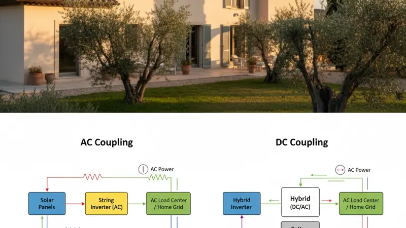 Schematische Darstellung der Unterschiede zwischen AC-Kopplung und DC-Kopplung bei Batteriespeichern