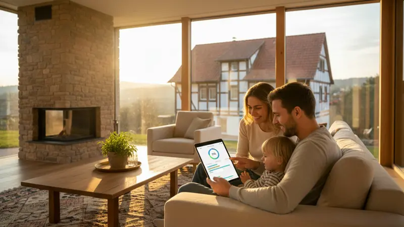 Familie schaut gemeinsam auf ein Tablet mit der Energiemanagement-App ihres Batteriespeichers