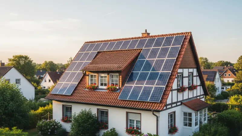 Ältere Solarmodule auf einem Hausdach mit teilweiser Verschattung durch Bäume