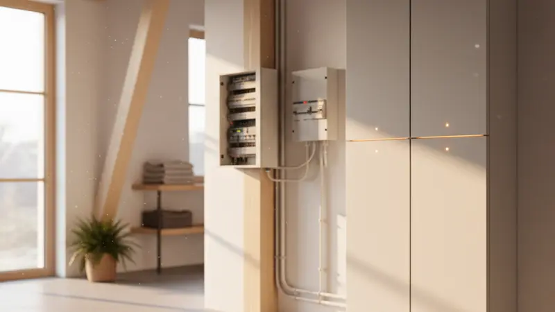 Moderner Batteriespeicher im Hauswirtschaftsraum neben dem Sicherungskasten eines Einfamilienhauses