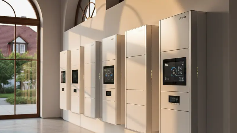 Verschiedene Batteriespeicher-Systeme nebeneinander aufgestellt in einem Ausstellungsraum