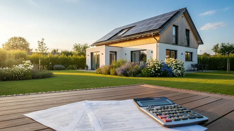 Solaranlage auf einem modernen Einfamilienhaus mit Steuerformularen im Vordergrund