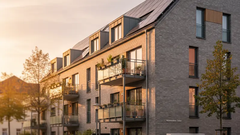 Mehrfamilienhaus mit Solaranlage auf dem Dach und Schema der Stromverteilung an Mieter