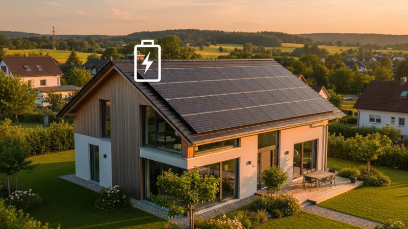 Einfamilienhaus mit Solaranlage auf dem Dach und symbolischer Darstellung des Batteriespeichers