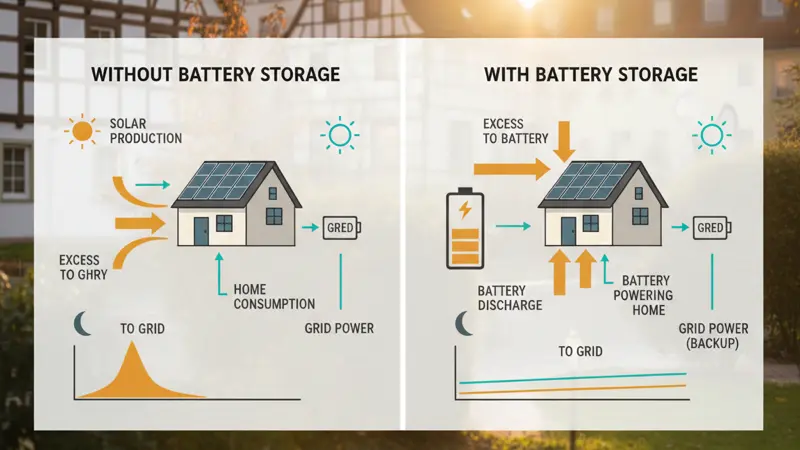 Vergleichsdiagramm Eigenverbrauch mit und ohne Batteriespeicher über 24 Stunden
