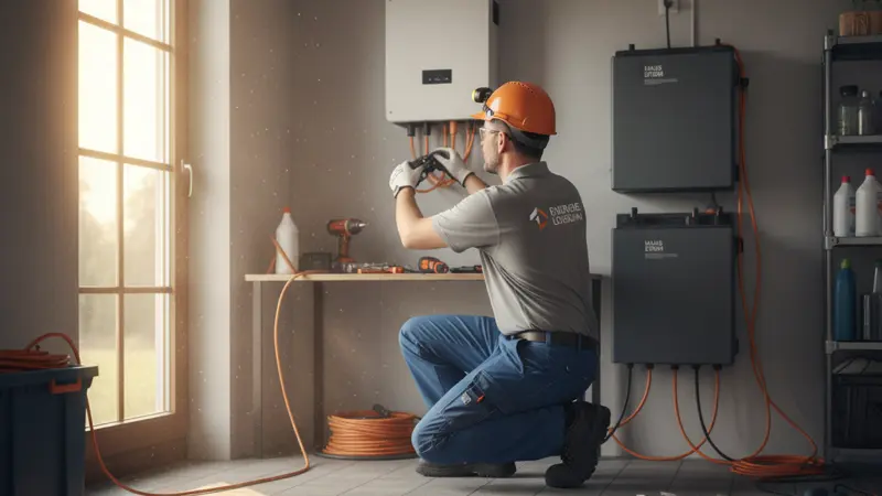 Elektriker installiert einen Wandspeicher im Hauswirtschaftsraum