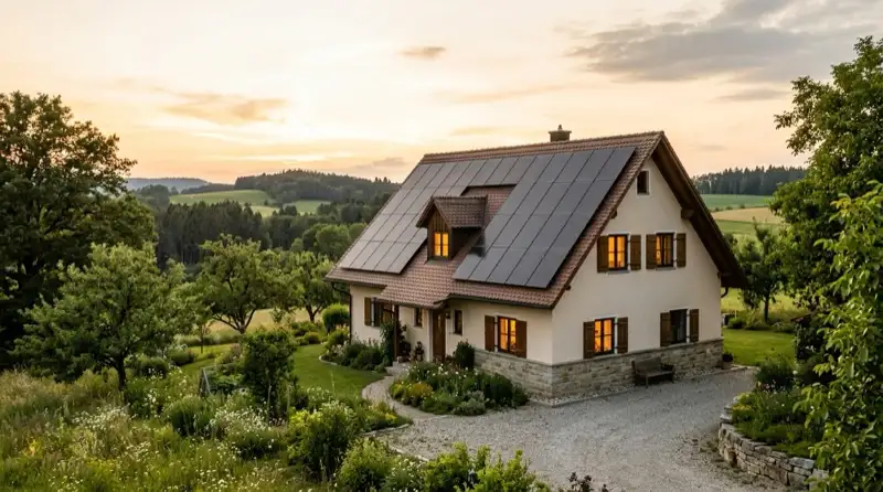 Deutsches Einfamilienhaus mit Photovoltaikdach im Abendlicht