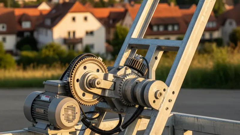 Nahaufnahme der Mechanik eines einachsigen Solar-Trackers mit sichtbarem Motor und Stahlgestell