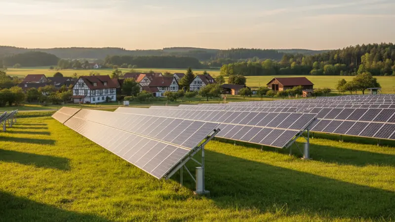 Einachsige Solar-Tracker auf einer Freiflaeche bei Sonnenuntergang mit blauem Himmel