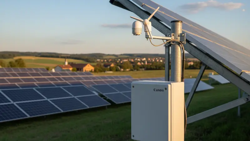 Steuerungseinheit eines Solar-Trackers mit Windmesser und Kontrolleinheit an einem Stahlmast