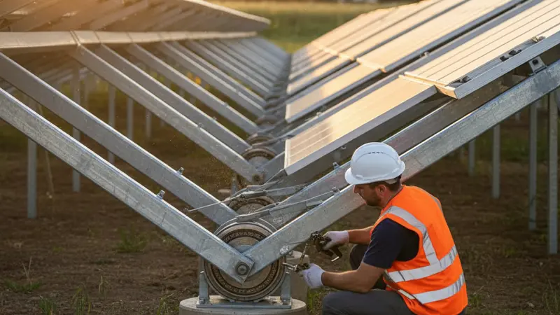 Techniker bei der Wartung eines Solar-Tracker-Lagers mit Schmierfett auf einer Freiflaeche
