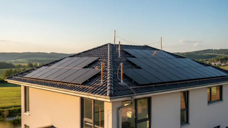 Solaranlage mit professionellem Blitzschutzsystem auf einem Einfamilienhaus-Dach