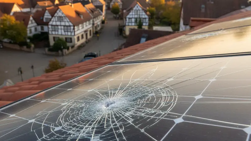 Nahaufnahme eines durch Hagel beschädigten Solarmoduls mit sichtbaren Rissen im Glas
