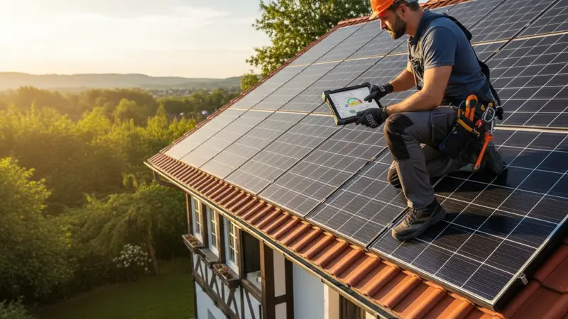 Techniker bei der Inspektion einer Solaranlage auf dem Dach eines Einfamilienhauses