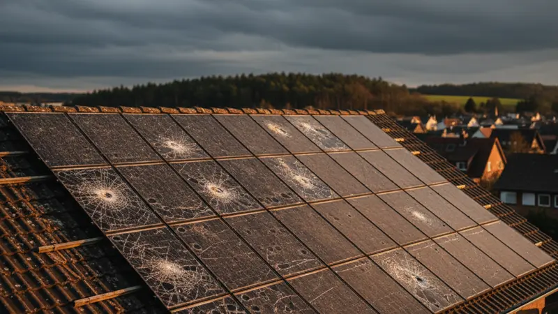 Solaranlage auf einem Hausdach nach einem schweren Hagelschauer mit sichtbaren Schäden an den Modulen