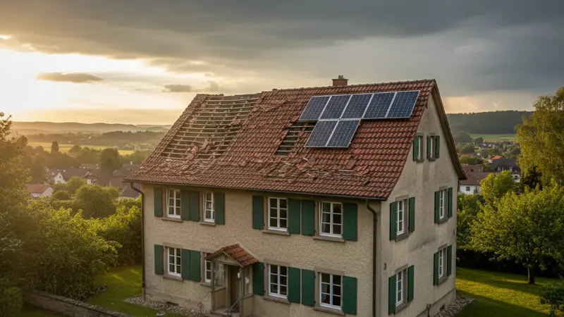 Durch Sturm teilweise abgedecktes Dach mit verschobenen Solarmodulen nach einem Orkan