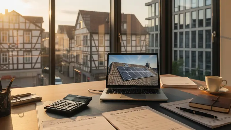 Versicherungsdokumente und Taschenrechner auf einem Schreibtisch neben einem Laptop mit Solaranlage auf dem Bildschirm