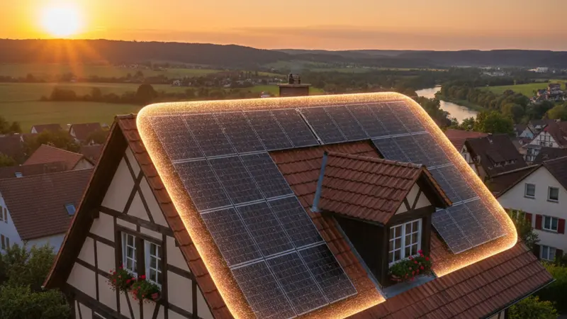 Detailaufnahme von Solarmodulen auf einem Hausdach mit Schutzschild-Symbol gegen verschiedene Gefahren