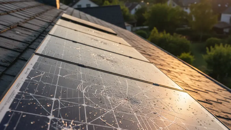 Nahaufnahme von Hagelschäden an Solarmodulen mit sichtbaren Rissen im Glas