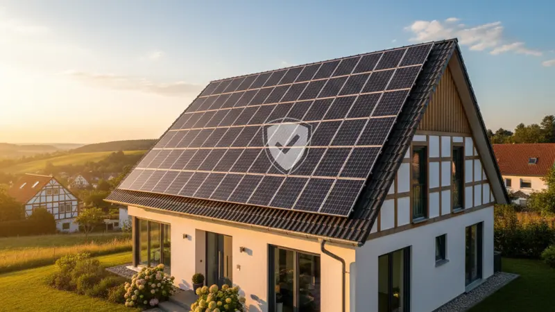 Solaranlage auf einem deutschen Einfamilienhaus-Dach mit Schutzsymbol - Versicherungsschutz für Photovoltaik
