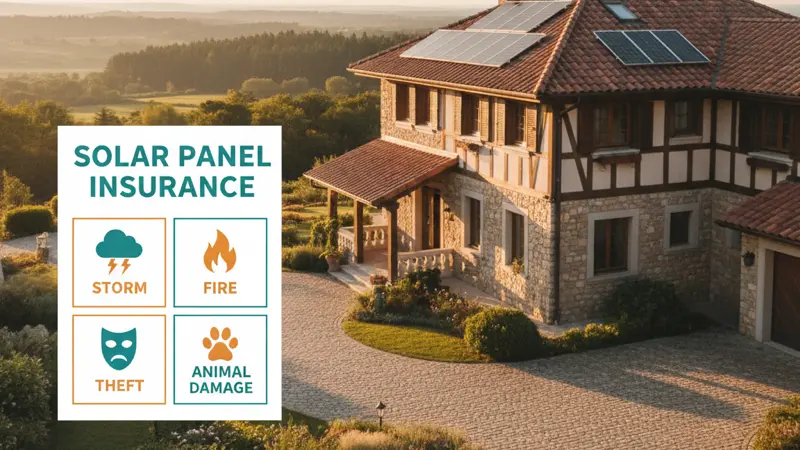 Übersicht der verschiedenen Versicherungsarten für Solaranlagen mit Symbolen für Sturm, Hagel, Feuer und Diebstahl