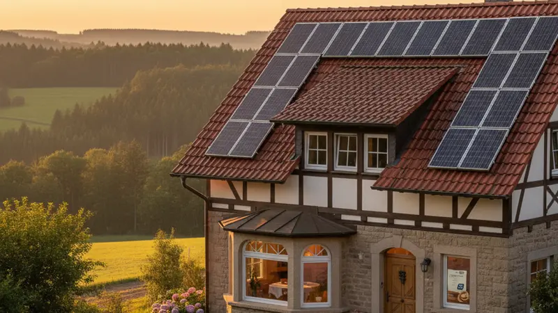 Einfamilienhaus mit Solaranlage und Versicherungsvertrag auf dem Küchentisch