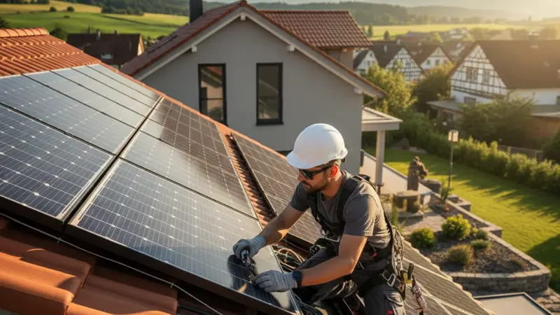 Techniker in Sicherheitsausrüstung prüft Solarmodule auf einem Hausdach bei Sonnenschein