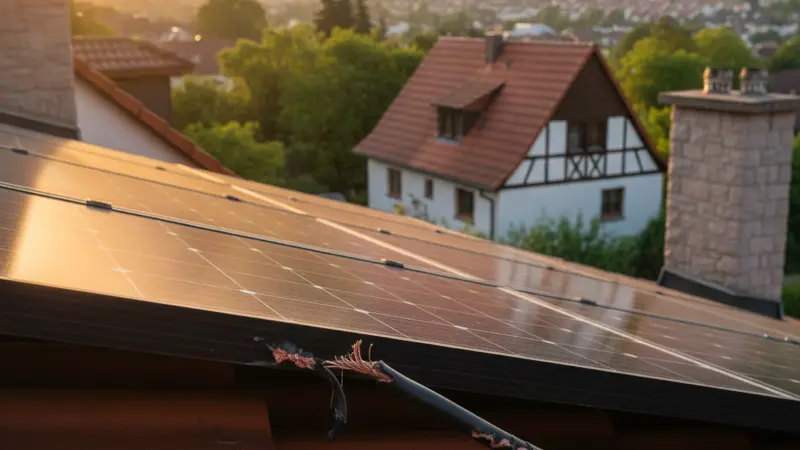 Beschädigtes Solarkabel mit sichtbaren Bissspuren eines Marders unter Solarmodulen