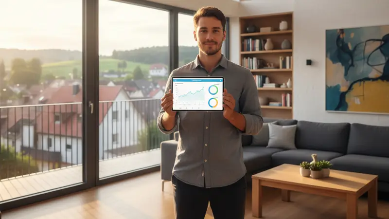 Person hält Tablet mit Solar-Monitoring-App und Ertragsgrafiken im Wohnzimmer