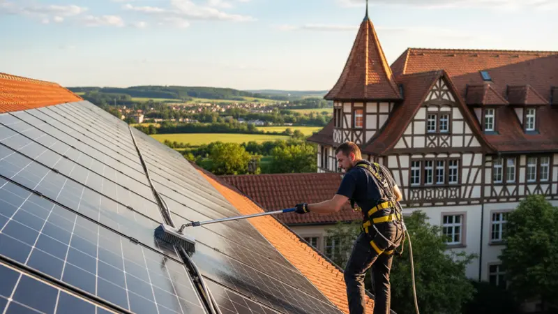 Professionelle Reinigung von Solarmodulen mit weicher Bürste und entmineralisiertem Wasser auf dem Dach