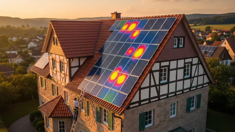 Thermografie-Aufnahme von Solarmodulen mit sichtbaren Hotspots in rot und gelb