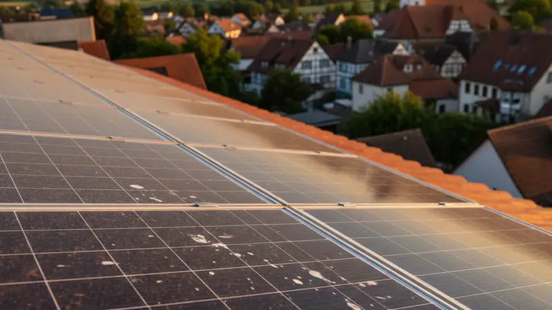 Vergleich verschmutztes und sauberes Solarmodul nebeneinander auf dem Dach