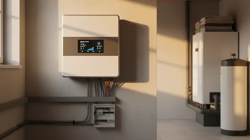 Moderner Wechselrichter mit LCD-Display zeigt Leistungsdaten im Hauswirtschaftsraum