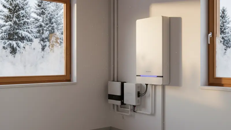 Moderner Batteriespeicher im Hauswirtschaftsraum mit Frostfenster