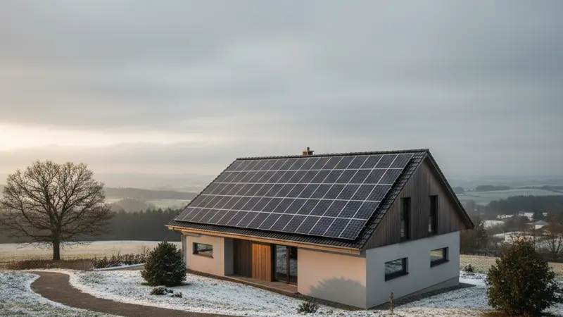 Diffuses Winterlicht auf Solarmodulen bei bewölktem Himmel