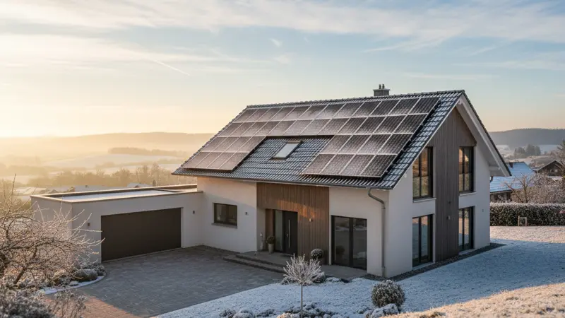 Solaranlage auf einem modernen Einfamilienhaus mit leichter Schneedecke im Winter