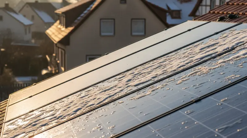 Schnee rutscht von der glatten Oberfläche eines Solarmoduls auf einem Hausdach