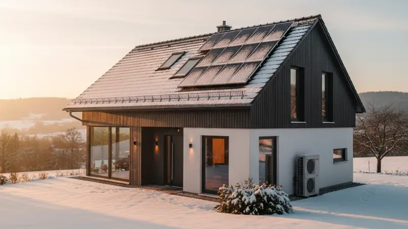 Einfamilienhaus im Winter mit Solaranlage auf dem Dach und Wärmepumpe an der Hauswand