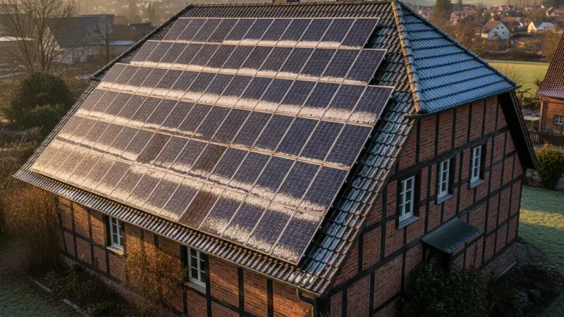 Solarmodule auf dem Dach mit dünner Schneeschicht und durchbrechendem Winterlicht