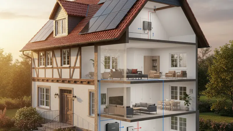 Schema einer Hausinstallation mit Notstrom und Ersatzstromfunktion bei einem Batteriespeicher