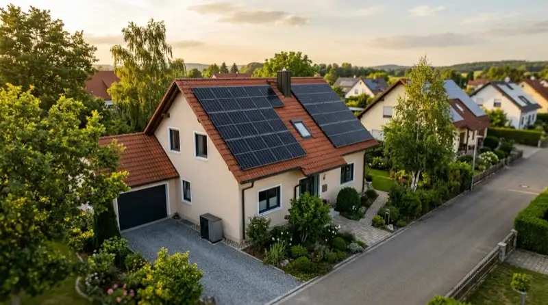 Deutsches Einfamilienhaus mit Photovoltaikdach im Abendlicht